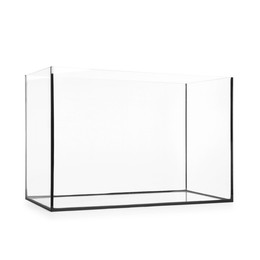 Photo of One empty glass aquarium isolated on white