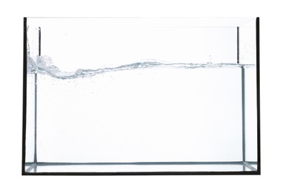 Photo of Glass aquarium with splashing water isolated on white