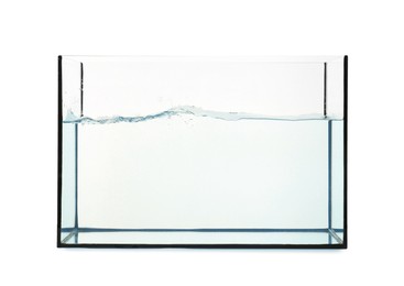 Photo of Glass aquarium with splashing water isolated on white