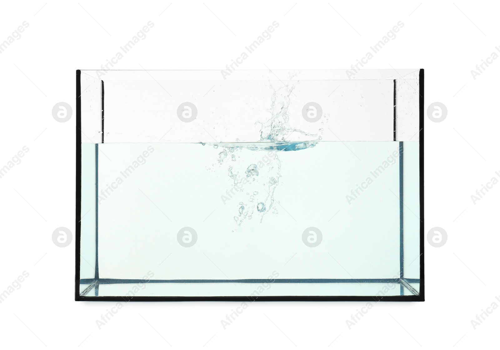 Photo of Glass aquarium with splashing water isolated on white