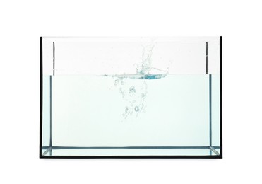 Photo of Glass aquarium with splashing water isolated on white
