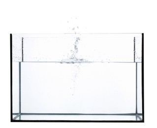 Photo of Glass aquarium with splashing water isolated on white