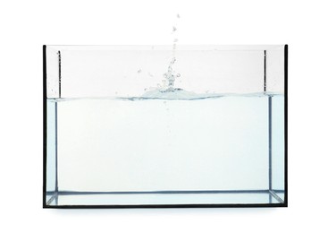 Photo of Glass aquarium with splashing water isolated on white