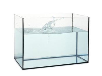 Photo of Glass aquarium with splashing water isolated on white