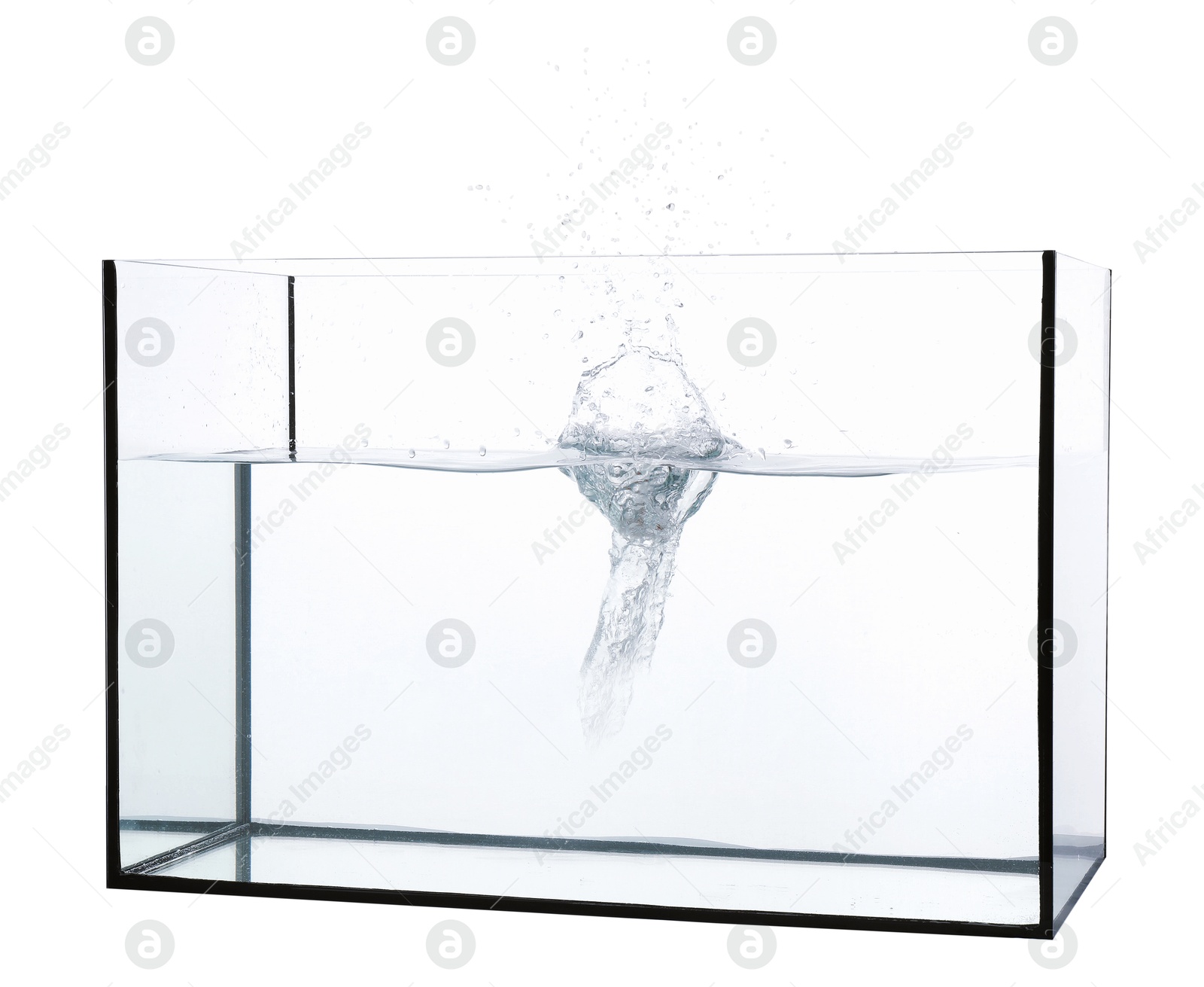 Glass aquarium with splashing water isolated on white Photo of Glass aquarium with splashing water isolated on white
