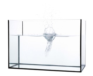 Photo of Glass aquarium with splashing water isolated on white