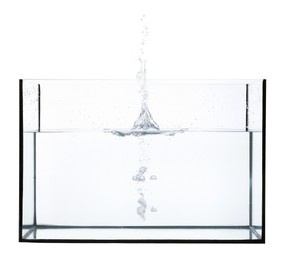 Photo of Glass aquarium with splashing water isolated on white