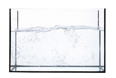 Photo of Glass aquarium with splashing water isolated on white