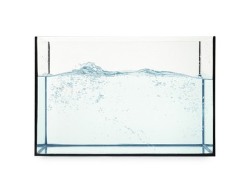 Photo of Glass aquarium with splashing water isolated on white