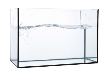 Photo of Glass aquarium with splashing water isolated on white