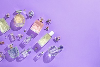 Photo of Flat lay composition with perfume bottles and lilac flowers on violet background. Space for text