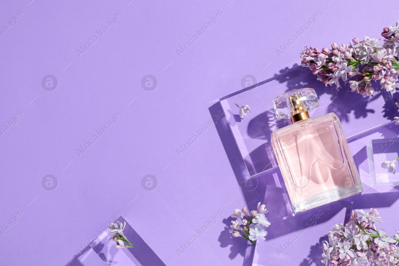 Flat lay composition with bottle of perfume and lilac flowers on violet background. Space for text Photo of Flat lay composition with bottle of perfume and lilac flowers on violet background. Space for text