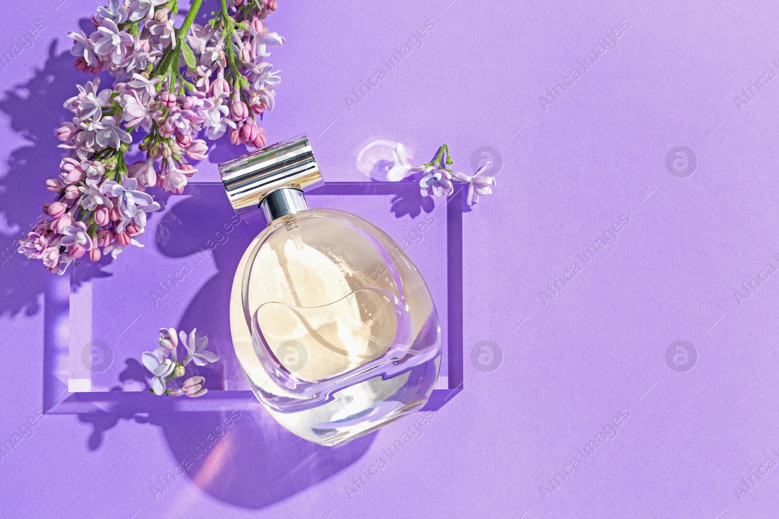 Flat lay composition with bottle of perfume and lilac flowers on violet background. Space for text Photo of Flat lay composition with bottle of perfume and lilac flowers on violet background. Space for text