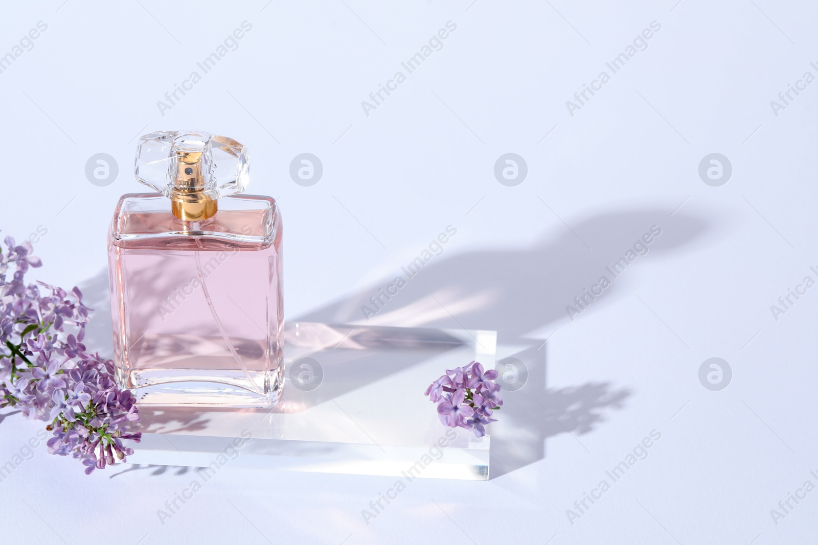 Bottle of perfume and lilac flowers on light grey background, closeup. Space for text Photo of Bottle of perfume and lilac flowers on light grey background, closeup. Space for text