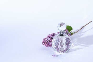Photo of Perfume bottle and branch with lilac flowers on light grey background. Space for text