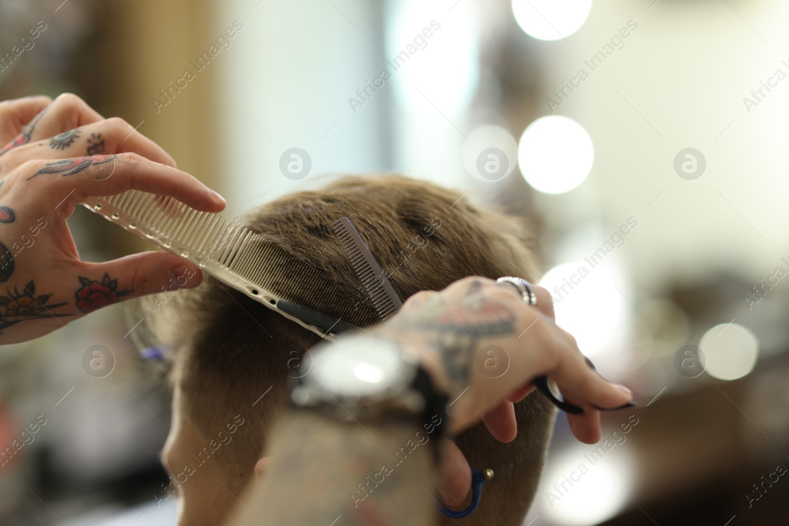 Professional barber cutting client's hair with scissors in barbershop, closeup Photo of Professional barber cutting client's hair with scissors in barbershop, closeup