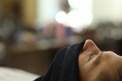Photo of Man in barbershop, closeup. Space for text