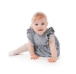 Photo of Cute little baby crawling on white background