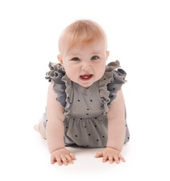 Photo of Cute little baby crawling on white background
