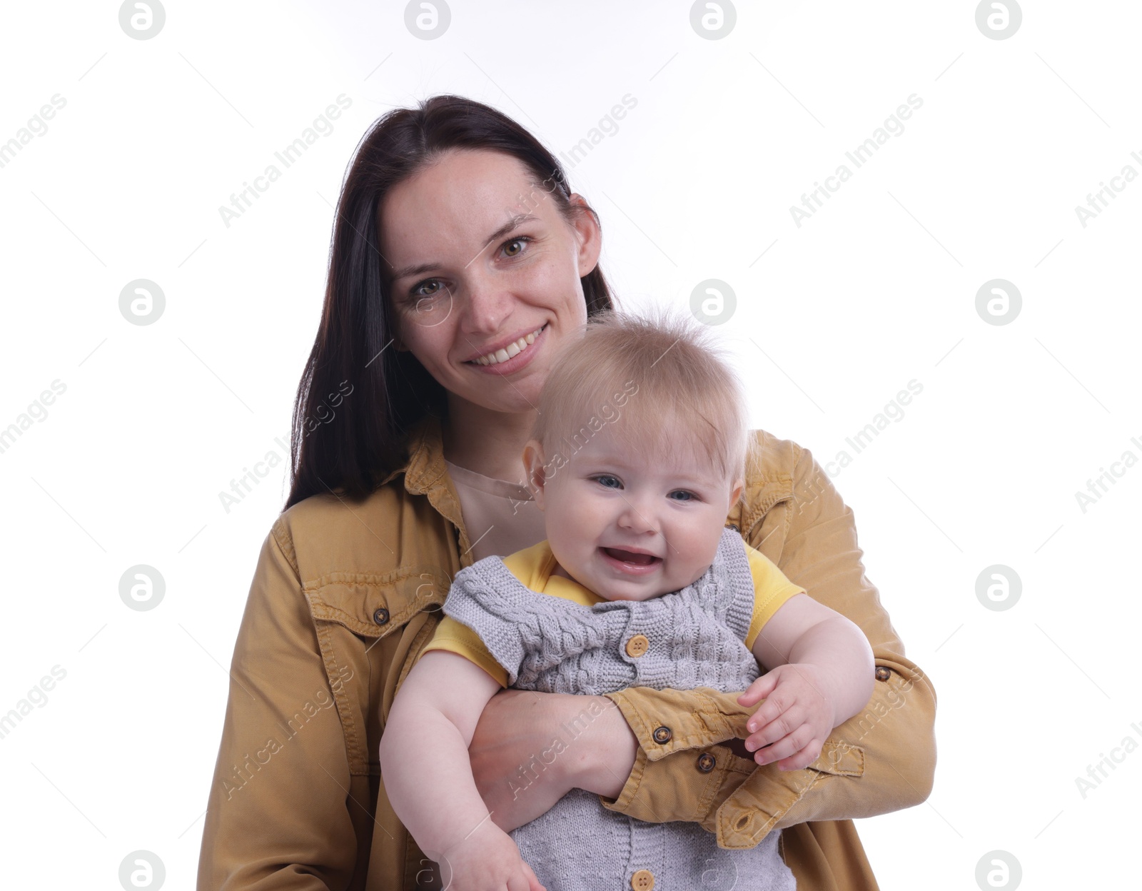 Mother and her cute baby on white background Photo of Mother and her cute baby on white background
