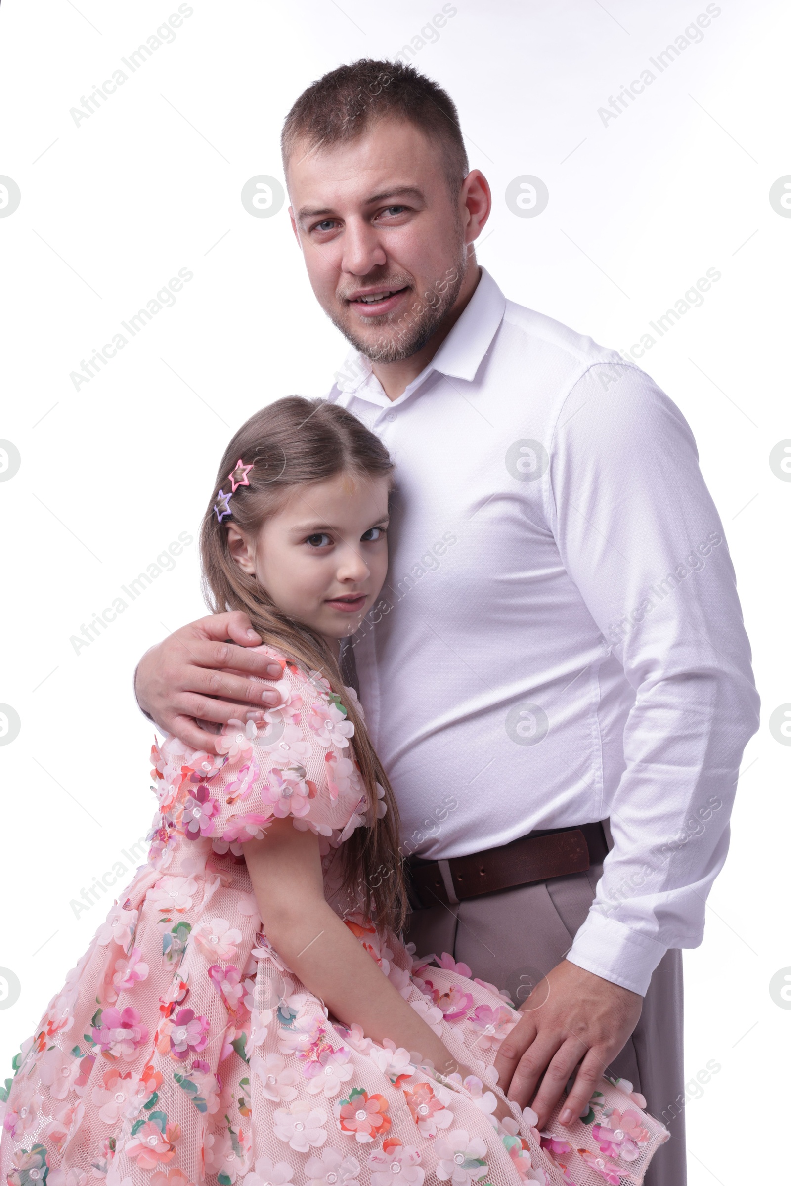 Happy father and his daughter on white background Photo of Happy father and his daughter on white background