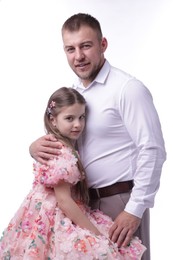 Photo of Happy father and his daughter on white background