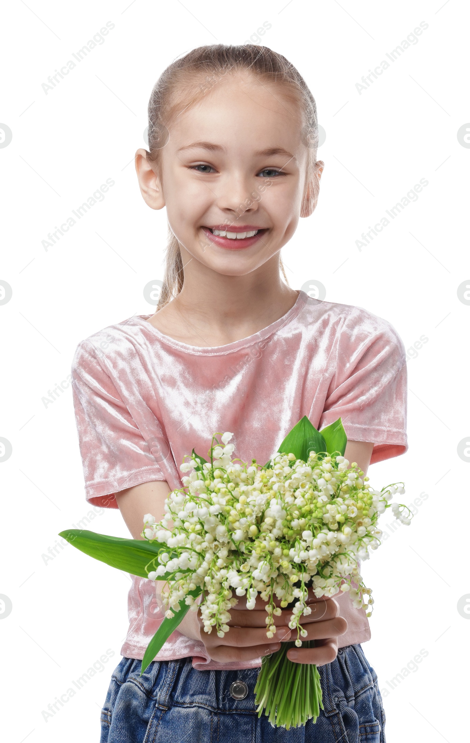 Girl with bouquet of beautiful lily-of-the-valley flowers on white background Photo of Girl with bouquet of beautiful lily-of-the-valley flowers on white background