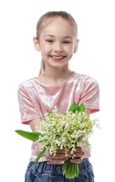 Photo of Girl with bouquet of beautiful lily-of-the-valley flowers on white background