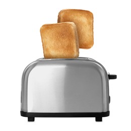 Image of Slices of toasted bread jumping out of toaster on white background
