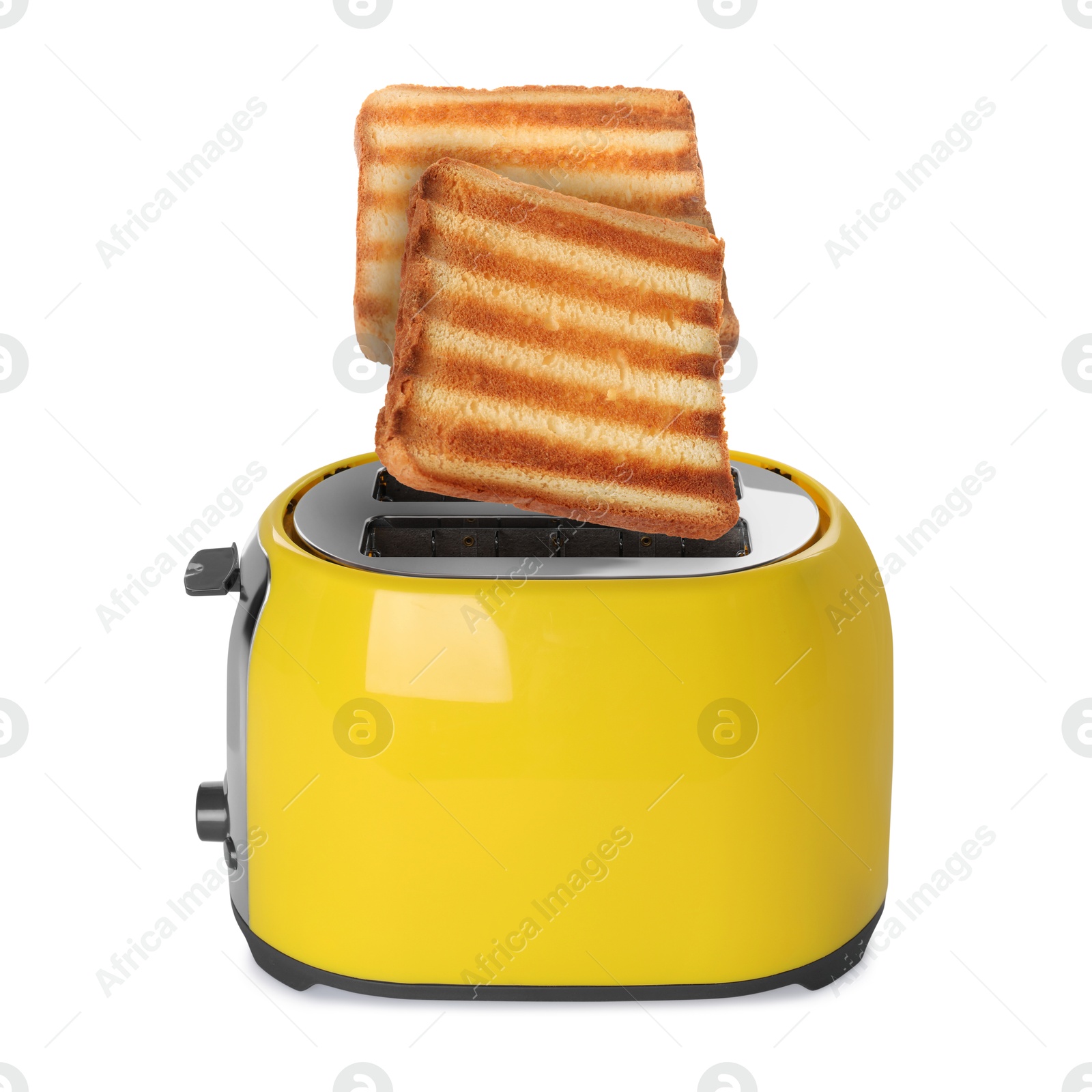 Slices of toasted bread jumping out of toaster on white background Image of Slices of toasted bread jumping out of toaster on white background
