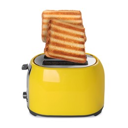 Image of Slices of toasted bread jumping out of toaster on white background