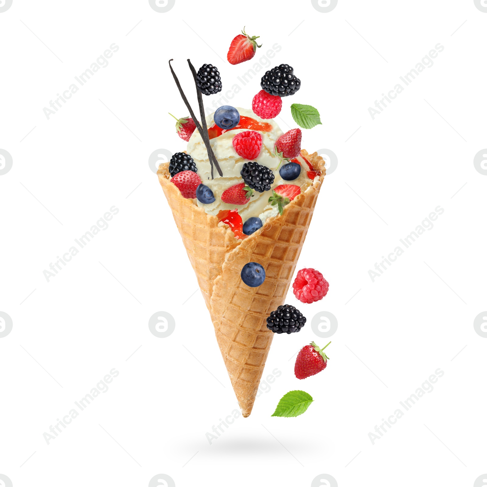 Yummy ice cream ball in wafer cone and berries in air on white background Image of Yummy ice cream ball in wafer cone and berries in air on white background