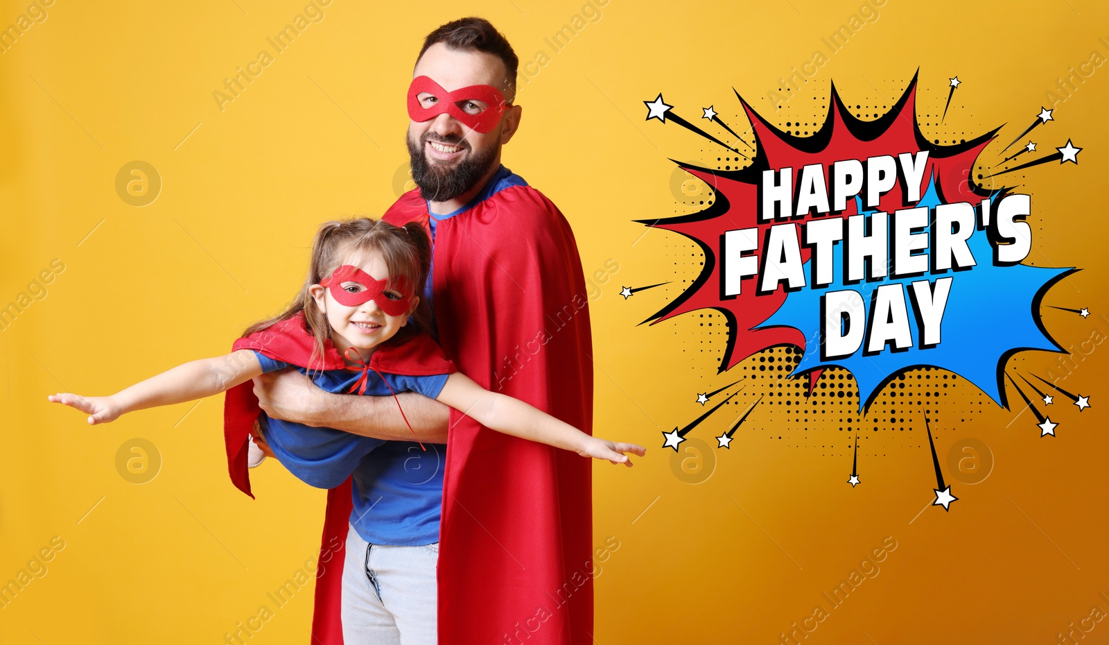 Image of Happy Father's Day. Daddy and his cute little daughter wearing superhero costumes on orange background