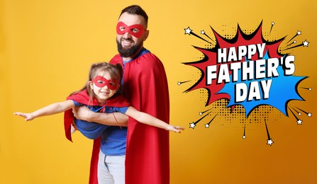 Image of Happy Father's Day. Daddy and his cute little daughter wearing superhero costumes on orange background