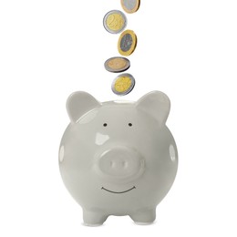 Image of Coins falling into grey piggy bank on white background