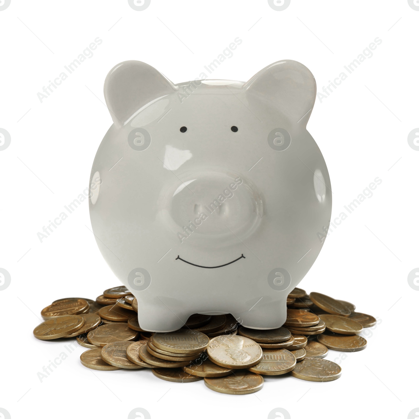 Grey piggy bank and coins on white background Image of Grey piggy bank and coins on white background