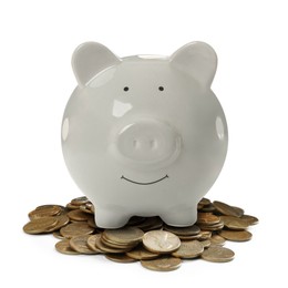Image of Grey piggy bank and coins on white background