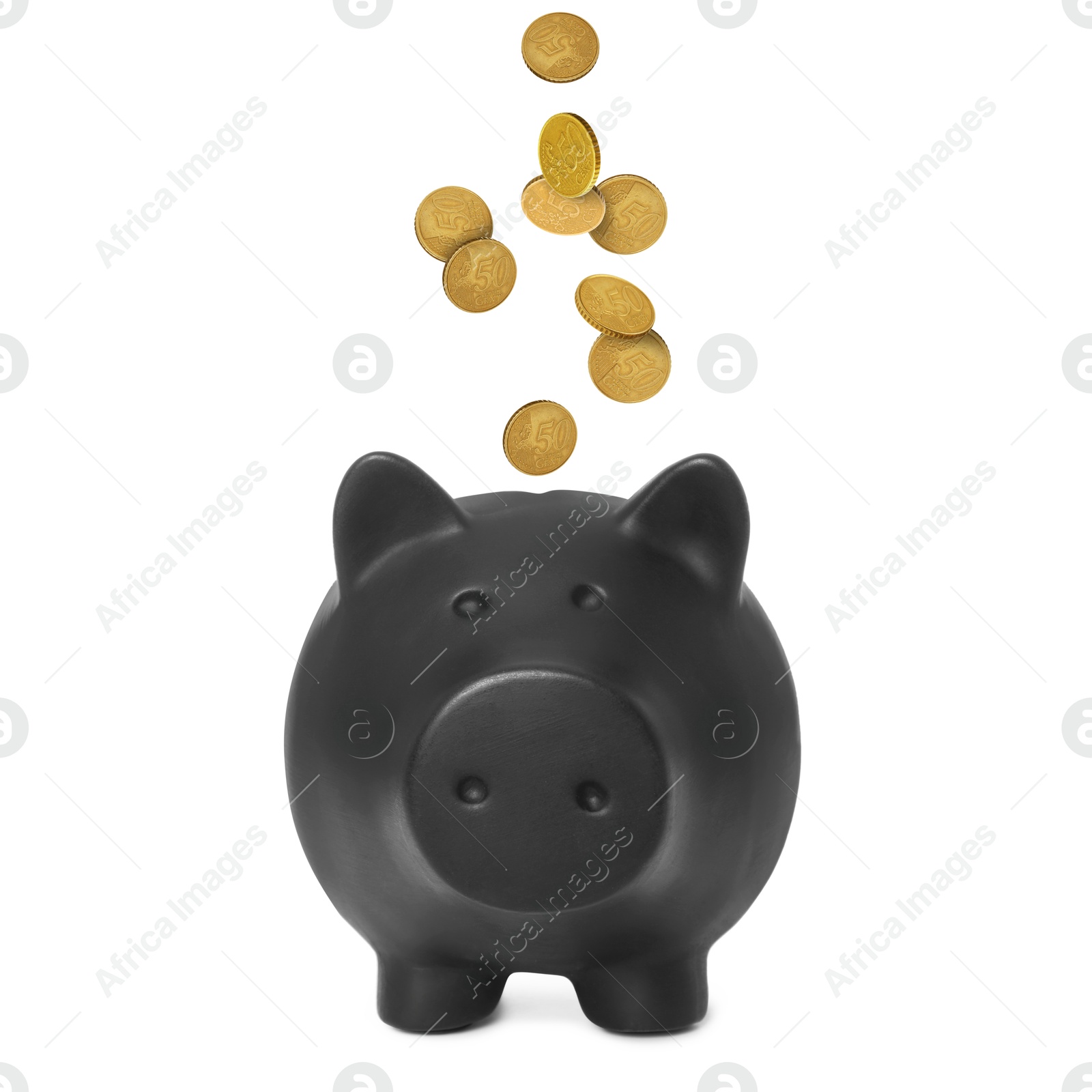 Coins falling into black piggy bank on white background Image of Coins falling into black piggy bank on white background