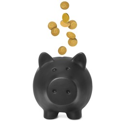 Image of Coins falling into black piggy bank on white background