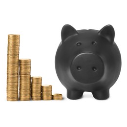 Image of Black piggy bank and stacks of coins from bigger to smaller on white background