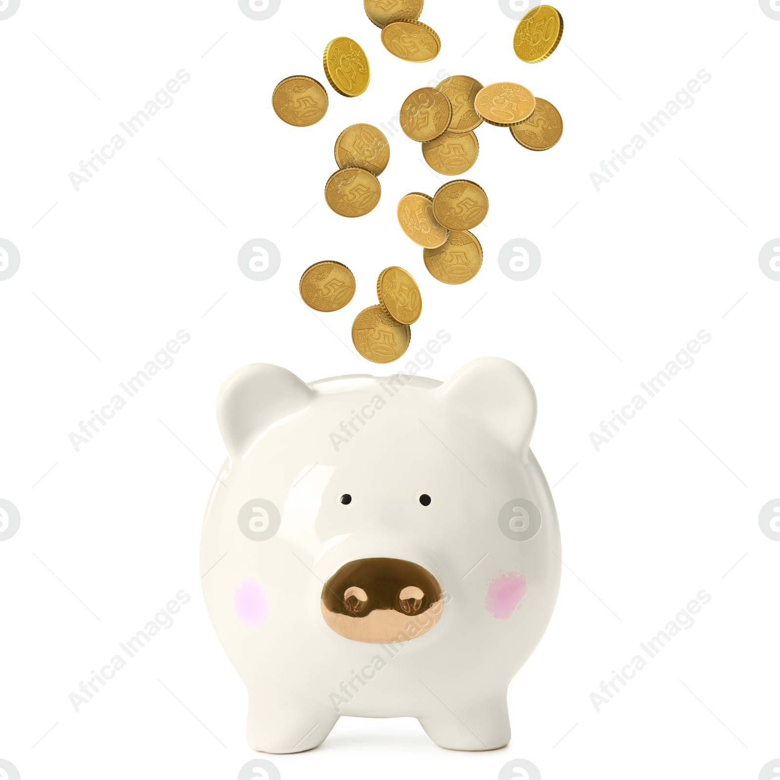 Coins falling into piggy bank on white background Image of Coins falling into piggy bank on white background