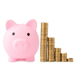 Image of Pink piggy bank and stacks of coins from bigger to smaller on white background