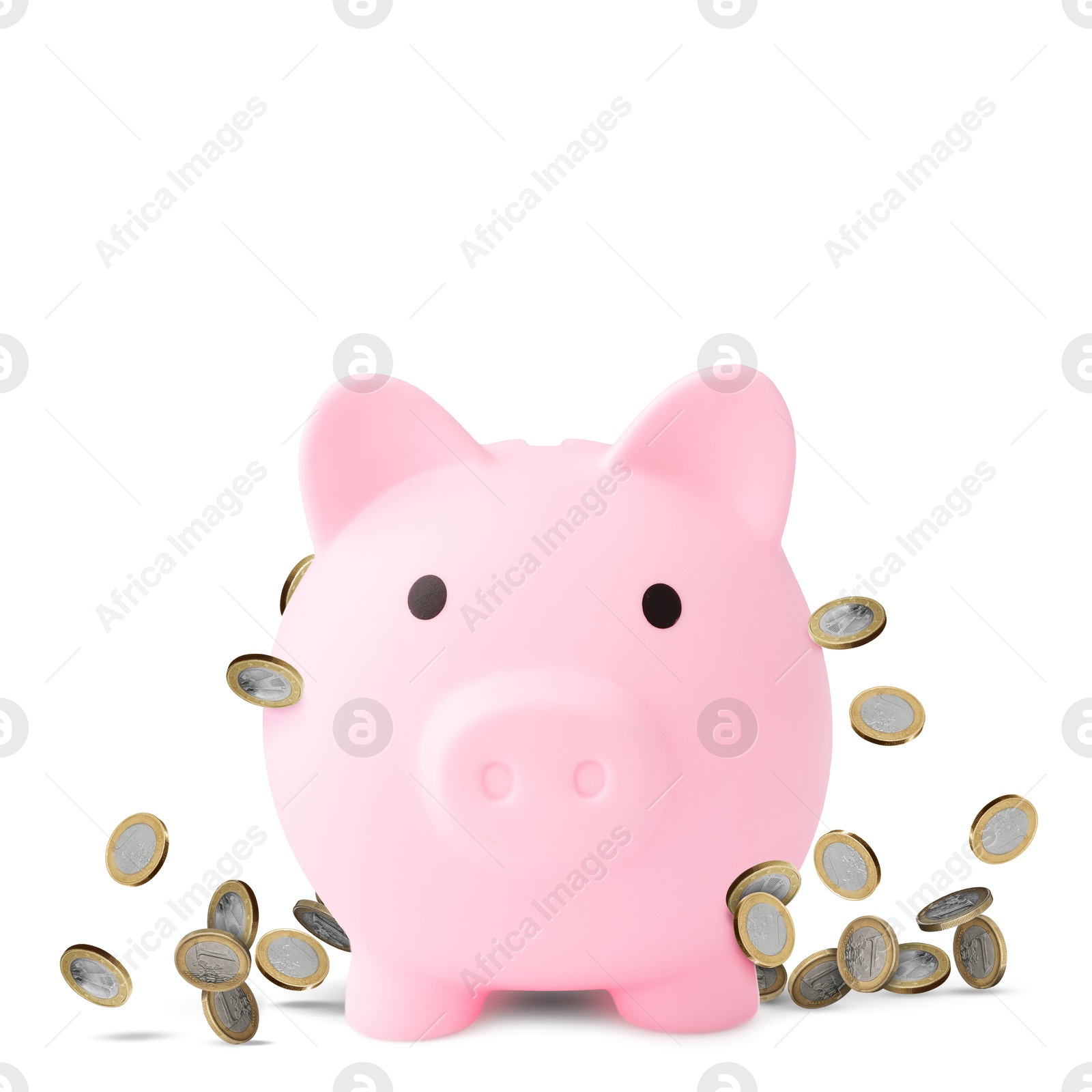 Pink piggy bank and falling coins on white background Image of Pink piggy bank and falling coins on white background
