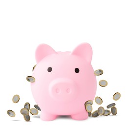 Image of Pink piggy bank and falling coins on white background
