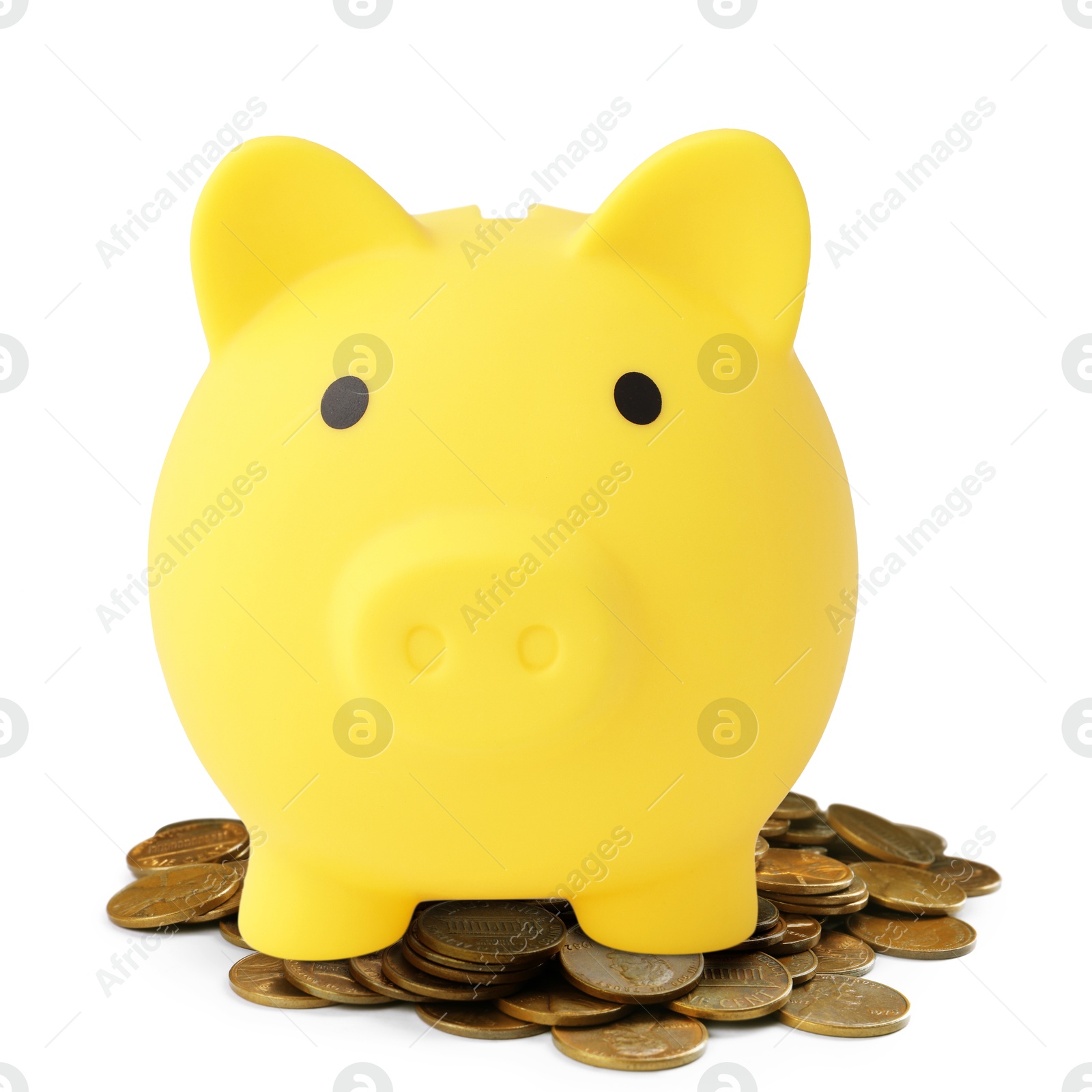 Yellow piggy bank and coins on white background Image of Yellow piggy bank and coins on white background