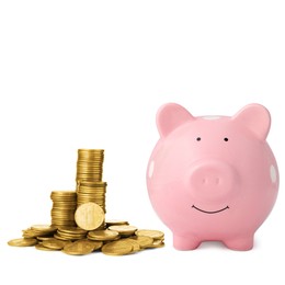 Image of Pink piggy bank and coins on white background