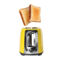 Image of Slices of toasted bread jumping out of toaster on white background