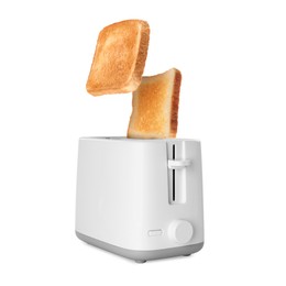 Image of Slices of toasted bread jumping out of toaster on white background
