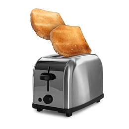 Image of Slices of toasted bread jumping out of toaster on white background