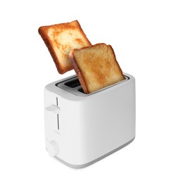 Image of Slices of toasted bread jumping out of toaster on white background